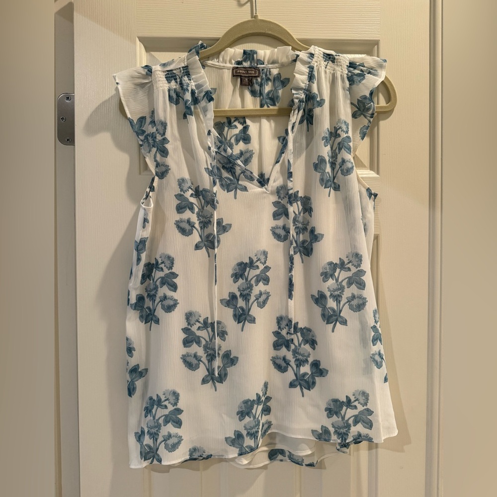 J.Crew Point Sur Blue and White Floral Blouse - lined with silk tank - size S -